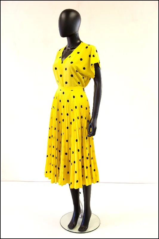 Vintage 1980s Yellow Polka Dot Pleated Skirt Set leather skirt bold