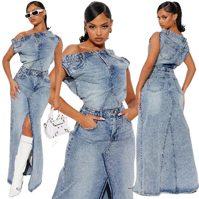 Denim Top and Slit Skirt wool skirt warm