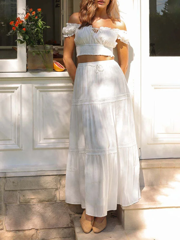 White Lace Up Top & Long Skirt Set wool skirt breathable